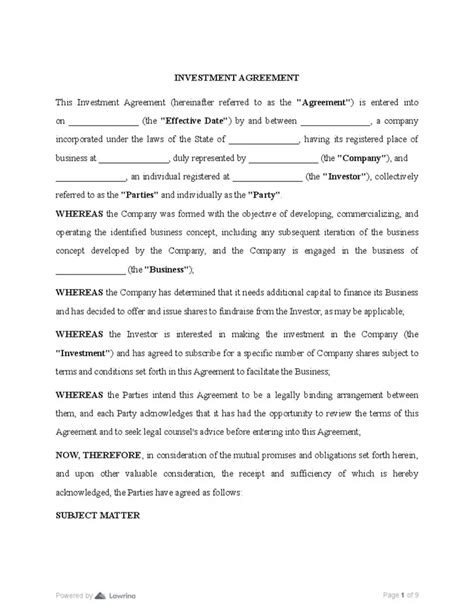 Investor Agreement Template