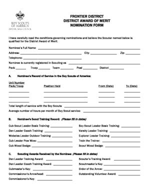 Fillable Online FRONTIER DISTRICT DISTRICT AWARD OF MERIT NOMINATION