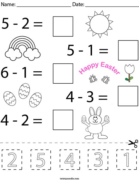 Easter Cut And Paste Subtraction Math Worksheet Twisty Noodle