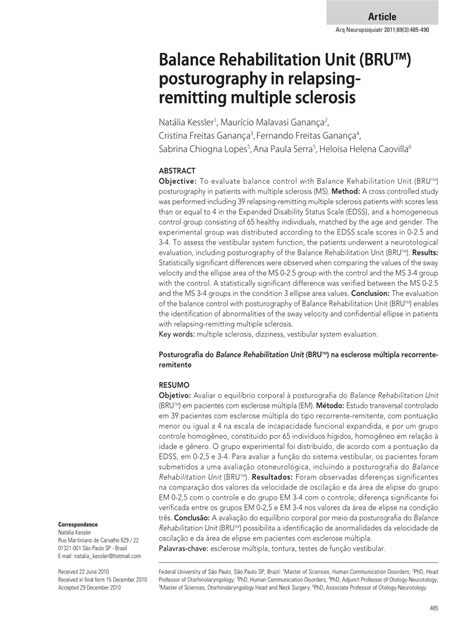 PDF Balance Rehabilitation Unit BRU TM Posturography In Relapsing