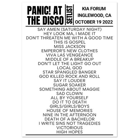 Panic At The Disco Inglewood 2022 Setlist Poster Setlist Usa