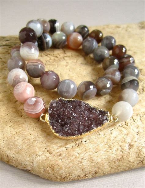 Druzy Bracelet Druzy Quartz Botswana Agate Beaded Stretch Wrap Bracelet