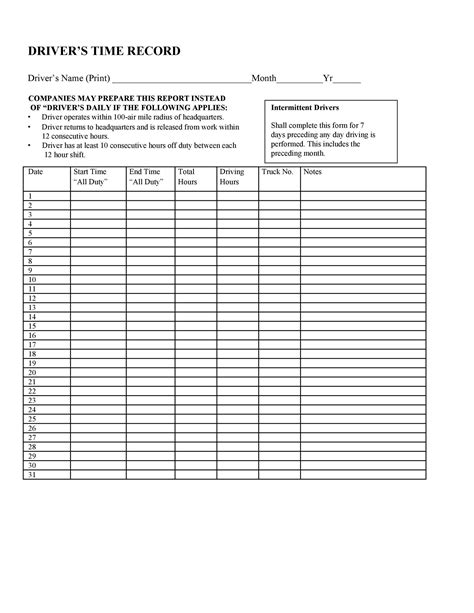 Printable Driver Log Sheet