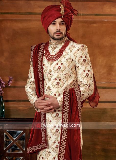 Cream Embroidered Readymade Groom Sherwani