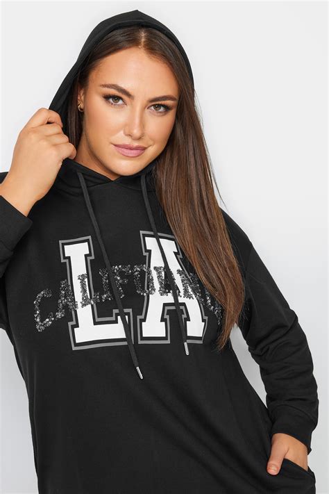 Yours Curve Plus Size Black La Varsity Sequin Longline Hoodie Yours