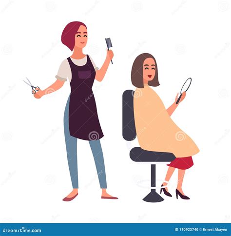 Female Hairdresser Cutting Hair Of Her Happy Client Sitting In Chair And Looking In Mirror