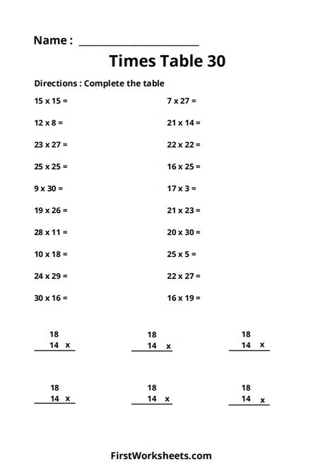 Multiplication Table Chart 30x30 Worksheets | FirstWorksheets