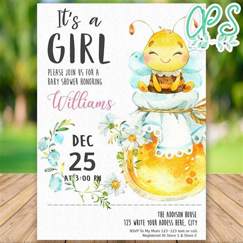 Editable It S A Girl Honey Bee Baby Shower Invitation Diy