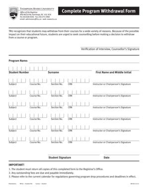 Fillable Online Tru Complete Program Withdrawal Form Tru Fax Email