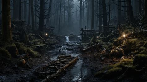 Un Bosque Oscuro Por La Noche Con Un Arroyo Que Lo Atraviesa Foto