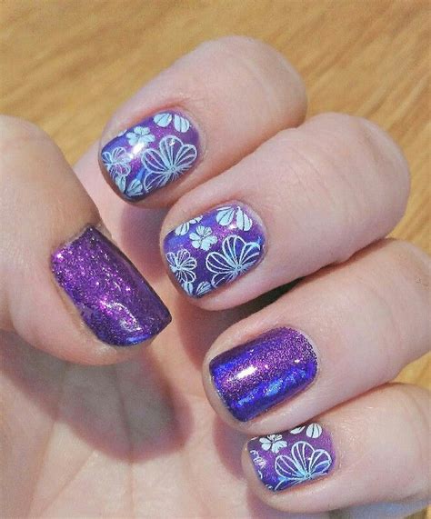 Spring Shellac Nails In Purple With Glitter And White Konad Stamping