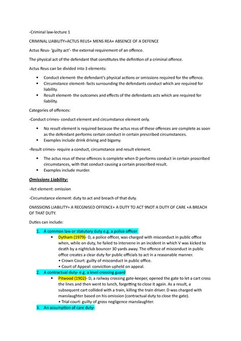 Criminal Law Lecture 1 Actus Reus Omissions Criminal Law Lecture 1