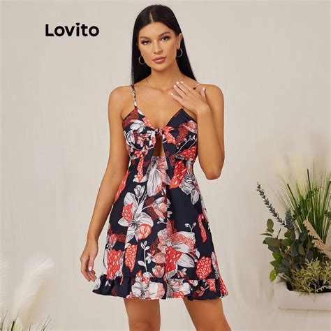 Lovito Vestido Casual Tropical Estampa de Borboleta e Amarração