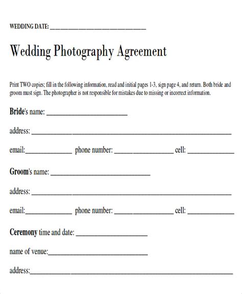 Wedding Photography Contract Template Free Includes Legal Clauses