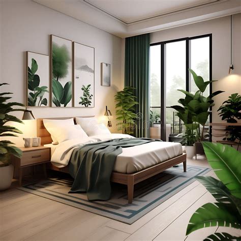 Chic D Model Bedroom With Stylish Bed Lush Plants And Coffee Table