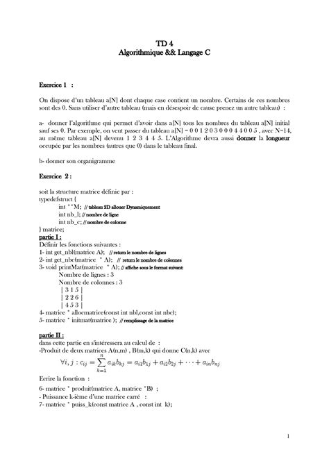 TD 4 Langage C 1 TD 4 Algorithmique Langage C Exercice 1 On