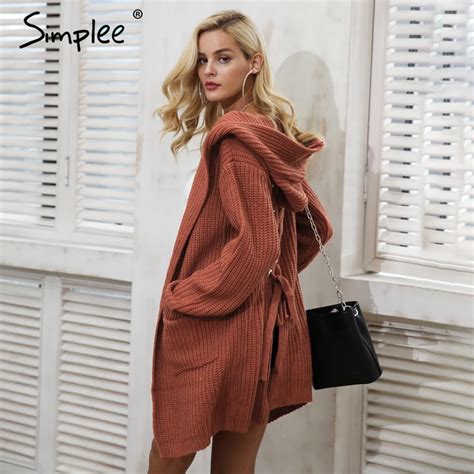 Simplee Hooded Knitting Long Cardigan Sweater Women Jumper Back Lace Up