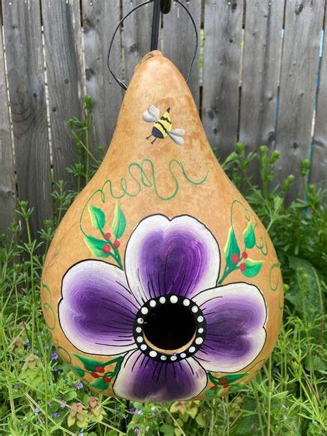 Natural Birdhouse Gourd Handpainted With Flower Etsy Hand Painted