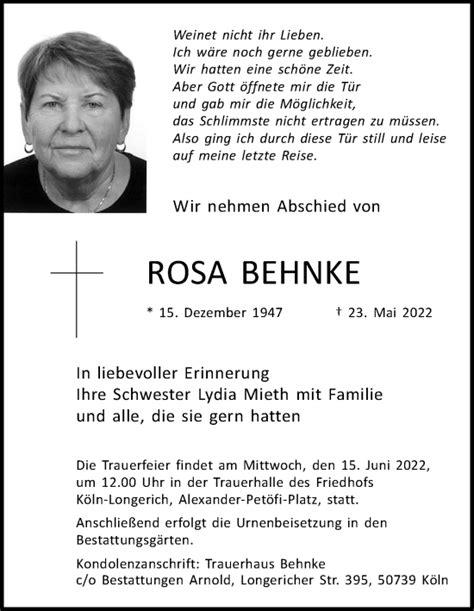 Traueranzeigen Von Rosa Behnke Wirtrauern