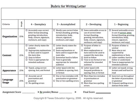 Letter Writing Rubricchecklist