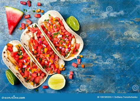 Mexican Grilled Chicken Tacos With Watermelon Salsa Stock Image