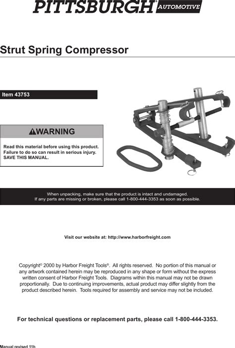 Harbor Freight Single Action Strut Spring Compressor Product Manual