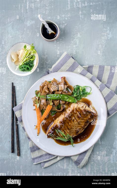 Salmon Teriyaki On Plate Stock Photo Alamy