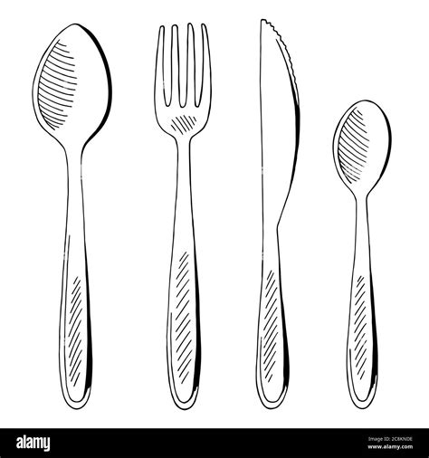 Fork Spoon Knife Set Graphic Black White Isolated Sketch Illustration