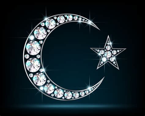 Symbol of Islam. Crescent and star made of diamonds on a dark ...