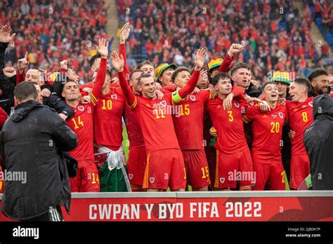 Wales Players Celebrate Qualifying For The World Cup Finals CARDIFF