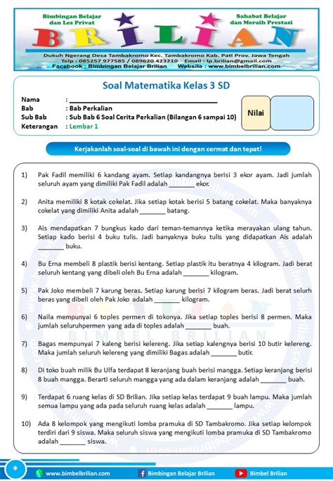 Soal Cerita Perkalian Bilangan 6 Sampai 10 Kelas 3 Sd 4 Lembar