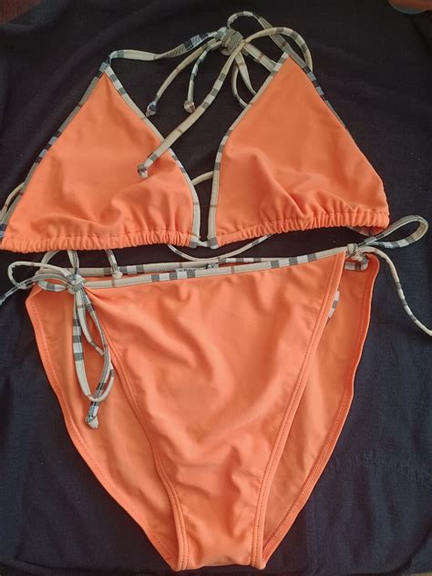 Burberry Orange Bikini Nova Check Trim Triangle Two Piece Swinsuit Size