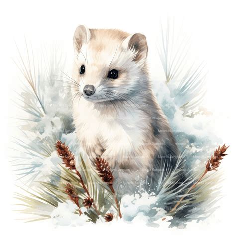 10 Ermine In Snow Clipart Digital Download Printable Watercolor