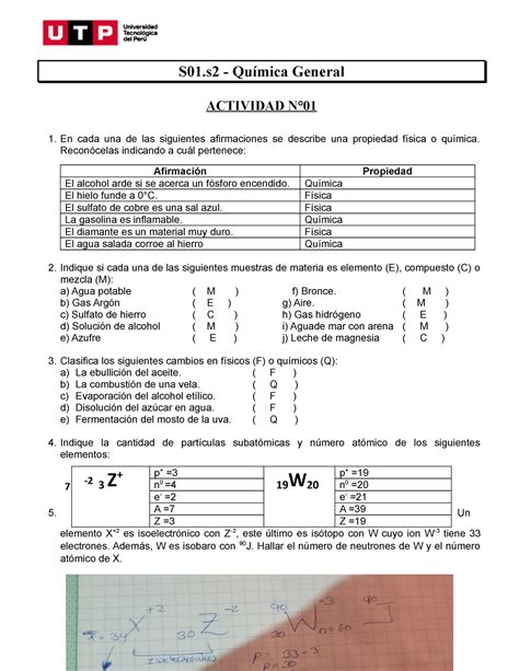 Quimica S S Tarea Resolver Ejercicios Quimica Docx S