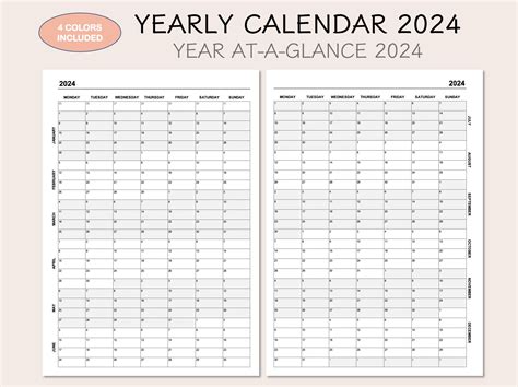 Yearly Calendar 2024, Printable Calendar 2024, Year at A Glance 2024 ...