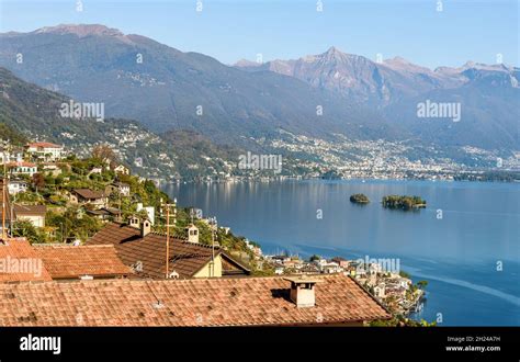 Landscape of Lake Maggiore with Brissago islands and Brissago village in canton Ticino, Brissago ...