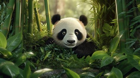 Premium AI Image A Cuddly Panda Peeking Out Of A Bamboo Forest AI