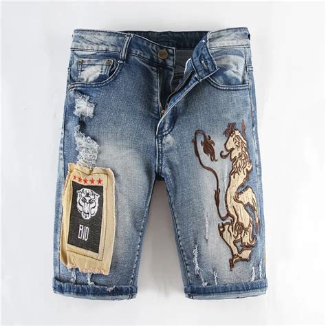 Moruancle Fashion Men Hi Street Ripped Short Jeans With Patches