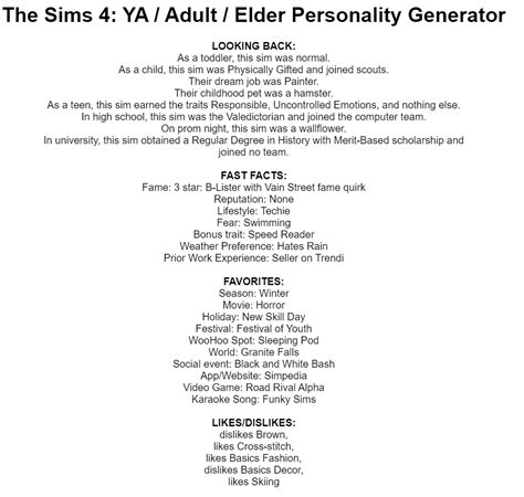 From Book to Sims : Sims 4 Personality Generator