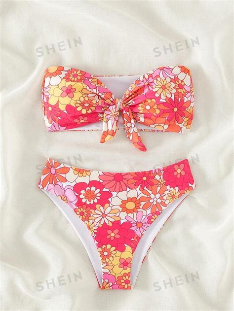 SHEIN Swim Mod Conjunto De Bikini Con Estampado Floral Sujetador Tipo Bandeau Con Nudo En La