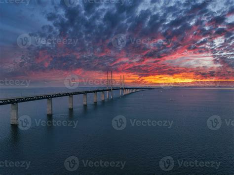 Panoramic Aerial Close Up View Of Oresund Bridge Over The Baltic Sea