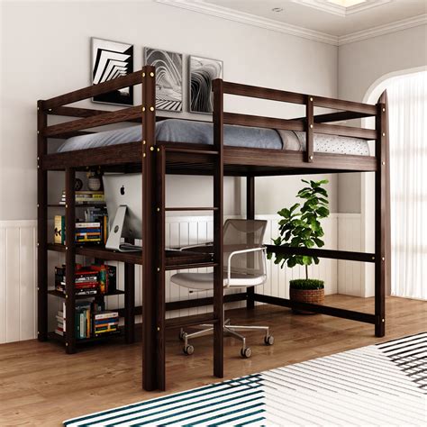 Wood Loft Bed with Desk : Full Size Loft Bed with 4-Storage Shelves and ...