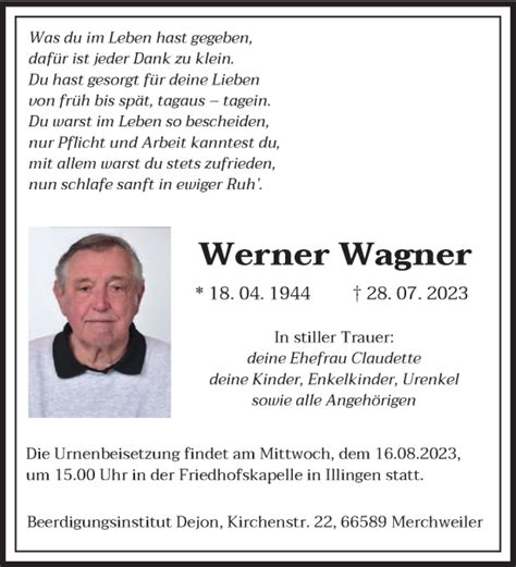 Traueranzeigen Von Werner Wagner Saarbruecker Zeitung Trauer De