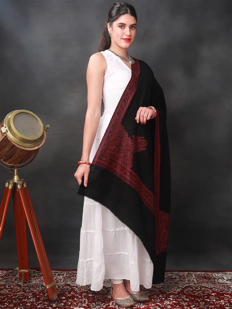 Moonless Night Sozni Hand Embroidered Shawl With Red Thread Floral