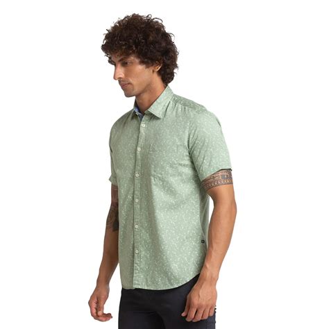 Men Green Slim Fit Print Cotton Half Sleeve Shirts Myraymond