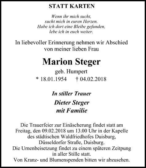 Traueranzeigen Von Marion Steger Trauer In Nrw De