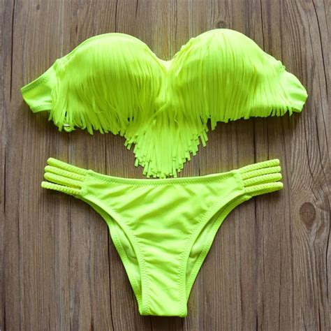 Seaside Swimwear 2016 Sexy Tassel Bandeau Bikini Ladies Brazilian Low Waist Thongs Swimsuit