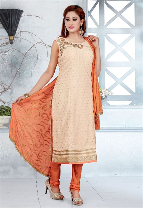 Peach Silk Readymade Churidar Suit 156498 Churidar Churidar Suits