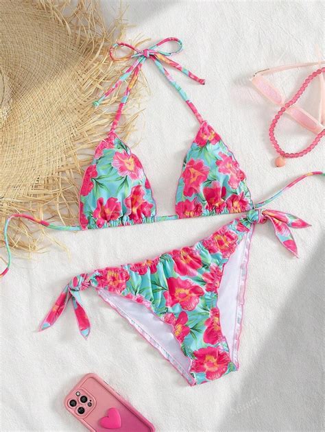 Women S Cute Floral Lace Pleated Bikini Two Pieces Set Suitable For Summer Island Vacation