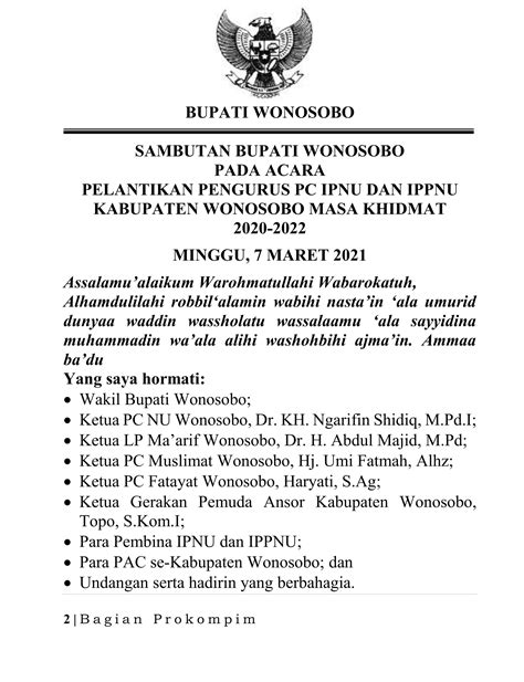 Sambutan Bupati Wonosobo Acara Pelantikan Pengurus Pc Ipnu Ippnu Pdf